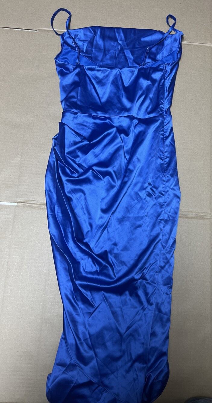 Royal Blue Satin Slip Dress Size M Midi Spaghetti Strap Side Slit Formal Party